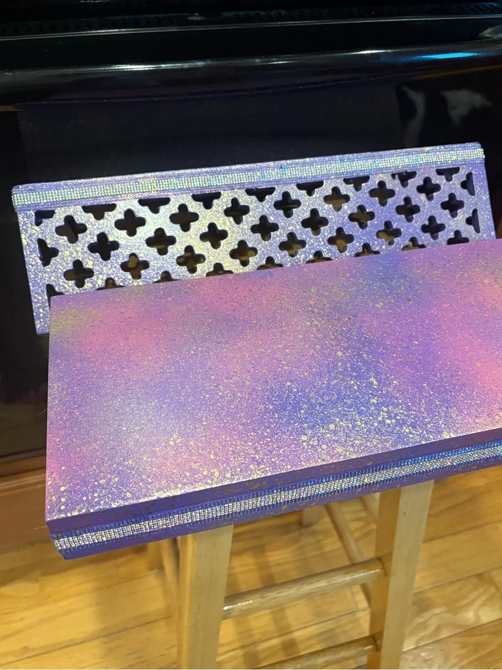 Floating wall shelf purple with metallic gold, splash, and rhinestone trim